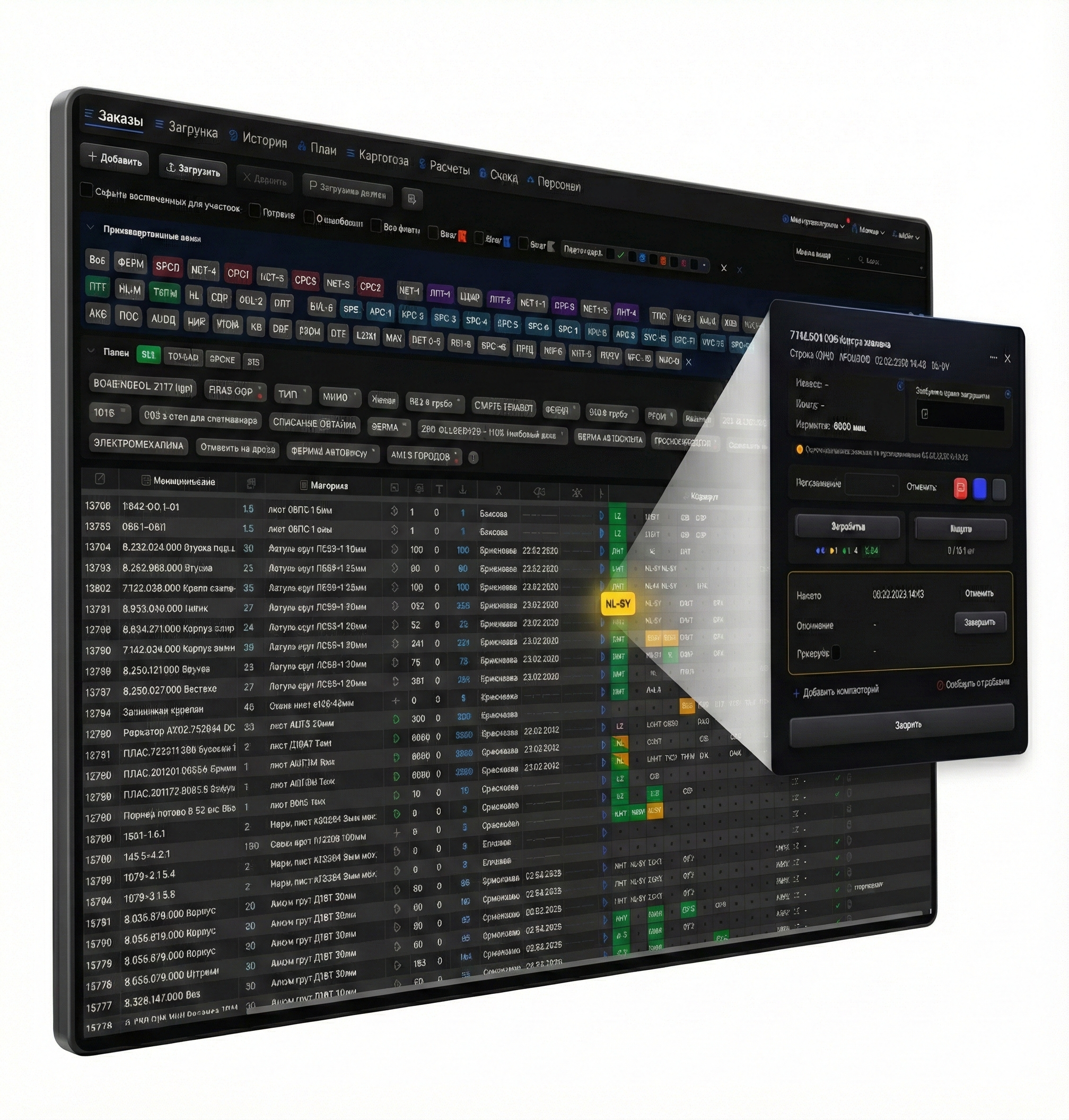 Панель управления производством — список заказов с этапами, сроками и статусами